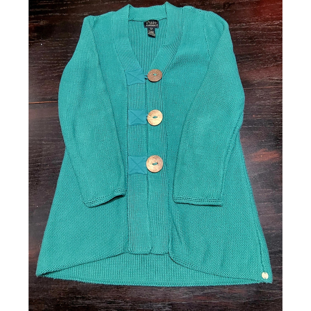 Pure Handknit Womens Sweater Cardigan S/M Green Cotton Casual Boho Preppy
